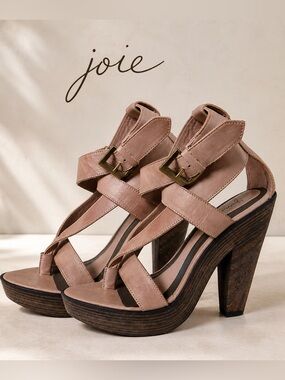 Joie Taupe Leather Platform Heels Size 8 8.5 EU 39 Strappy Sandals Made In Brazi